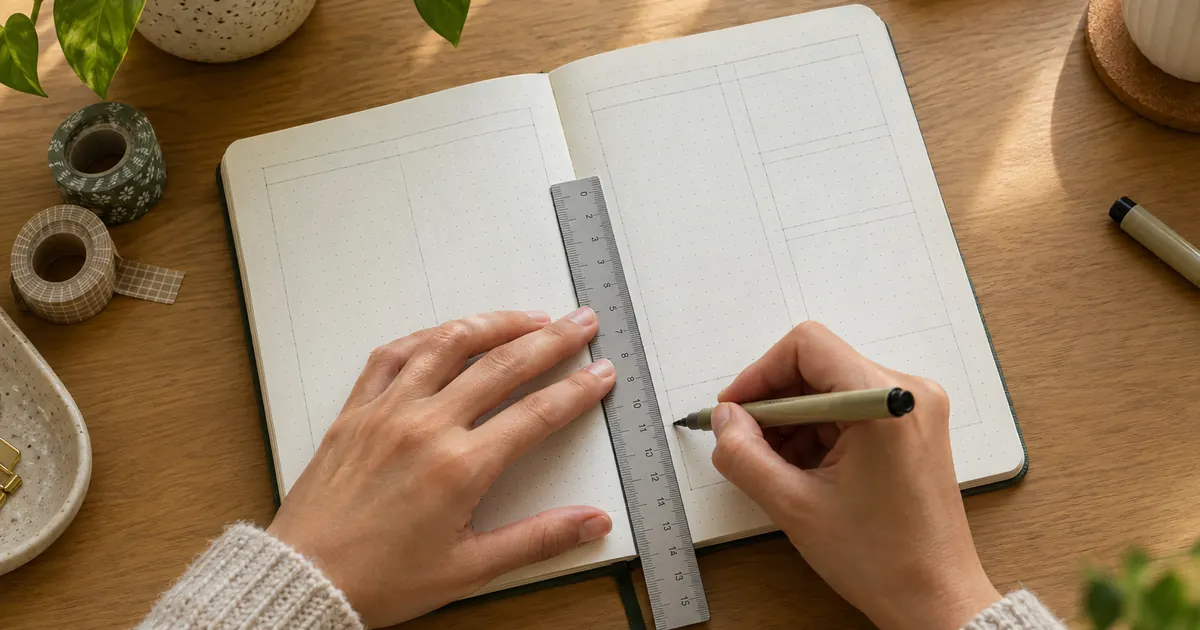 Hands setting up a bullet journal spread with ruler and fine liner on dotted pages