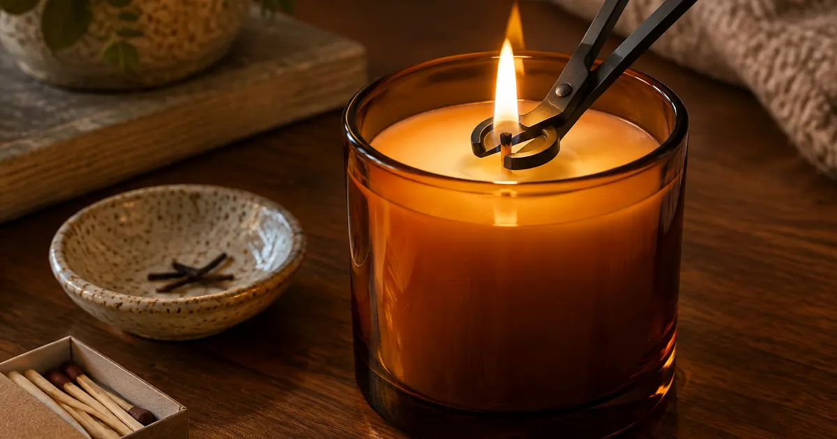 Lit amber glass soy candle being trimmed with a wick trimmer beside matches and a ceramic dish