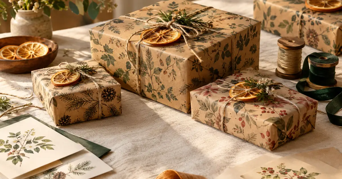 Gifts wrapped in botanical kraft paper with twine and dried orange slices on an ivory linen table