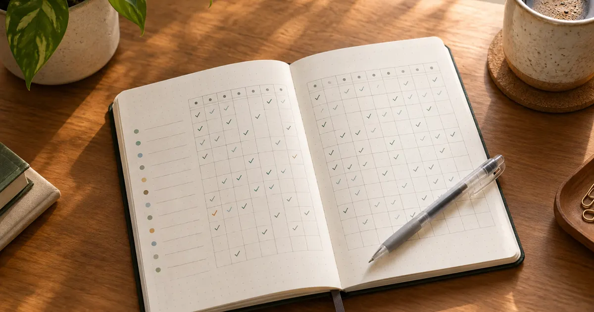 Open habit tracker journal with a monthly grid of checkmarks and a gel pen on a warm desk