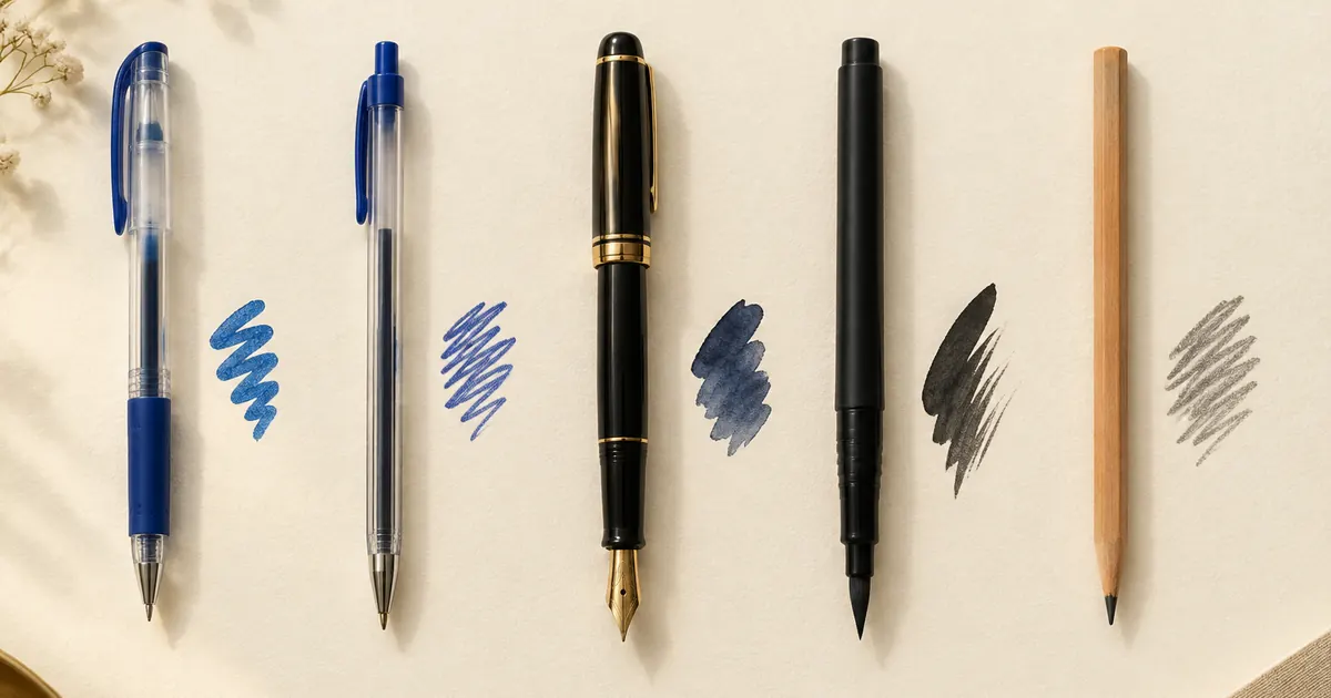 Flat lay of gel pen, ballpoint, fountain pen, brush pen and pencil with ink swatches on ivory paper