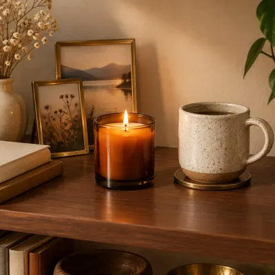 Lit amber glass soy candle beside a speckled ceramic mug and brass photo frames