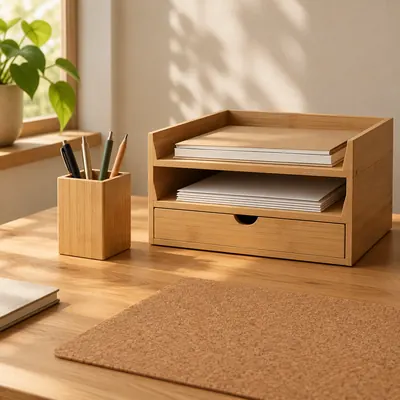 Bamboo desk tray with drawer, pen holder and cork desk mat on a warm oak desk