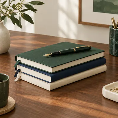 Stack of hardcover journals in forest green, navy and cream with a fountain pen on a walnut desk
