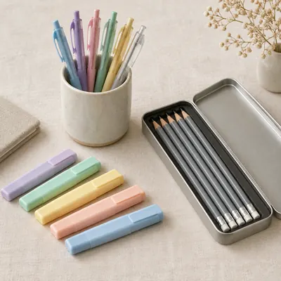 Gel pens in a ceramic cup, pastel highlighters and graphite pencil set on ivory linen