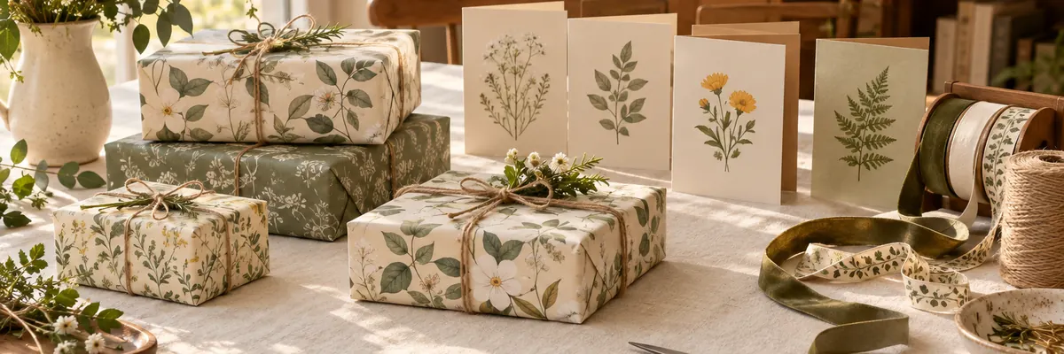 Wrapped gifts in botanical paper with greeting cards and ribbon on an ivory table